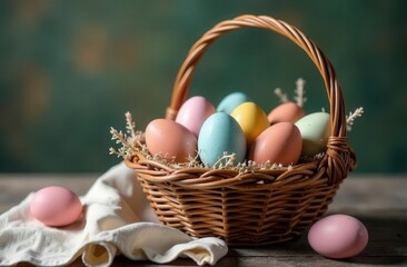 Easter still life with a basket filled with painted eggs, fresh colors, vertebrae branches and Easter cake