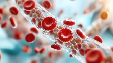 Stem cell blood research breakthrough. Microscopic view of blood cells in a vessel.