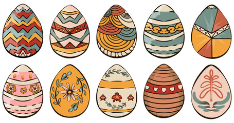 Set Colorful Easter eggs with intricate designs displayed in a neat arrangement for festive celebration