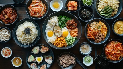 Top view food photography of popular Korean dishes