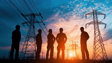 Workers installing high-voltage power lines for a new grid expansion, cinematic industrial development