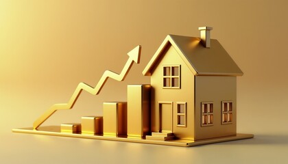 Stylized golden house with rising bars representing a growth chart, symbolizing real estate investment success