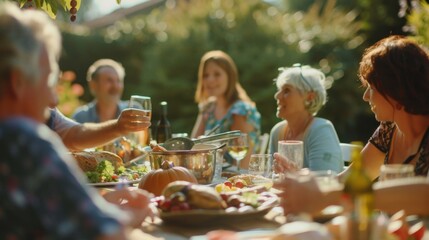 Family enjoying outdoor meal with chatting and variety of food and drinks