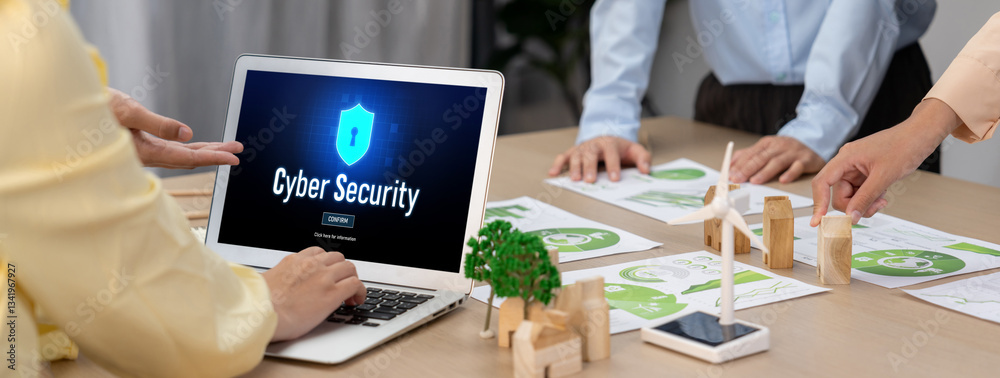 Poster cyber security system on computer screen protect private information brisk from hacker and cyber att
