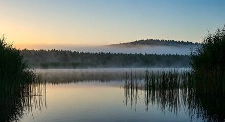Fototapeta premium A misty morning over a still lake with fog rolling in.jpg