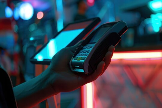 Hand holding a payment terminal and smartphone for contactless transactions