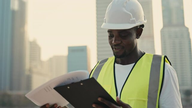Portrait of male builder in hard-hat looking through work papers against skyscrapers. Smiling African American guy holds clipboard precisely analyzing construction documents