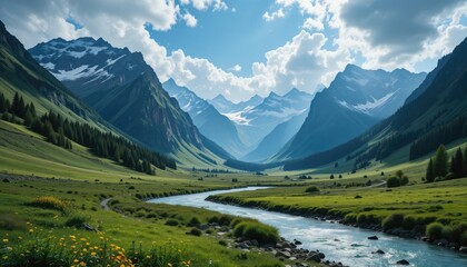 Fototapeta premium Scenic Mountain Valley with River Flowing Through Green Meadow Landscape