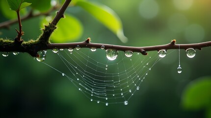  a close-up shot of raindrops on a spider web stretched between two branches, with soft-focus greenery in the background and the droplets glistening like tiny pearls