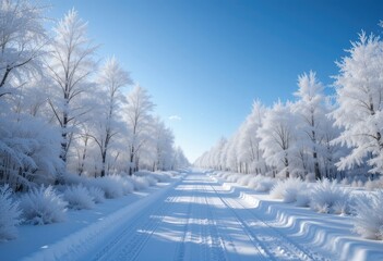 Obraz premium Snowy Road Through Winter Wonderland with Frost Covered Trees and Bushes