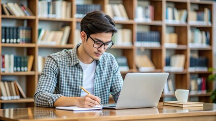 A Focused Young Man Diligently Studies In A Library, Surrounded By Books, Using His Laptop And Notebook, Bathed In Soft Natural Light