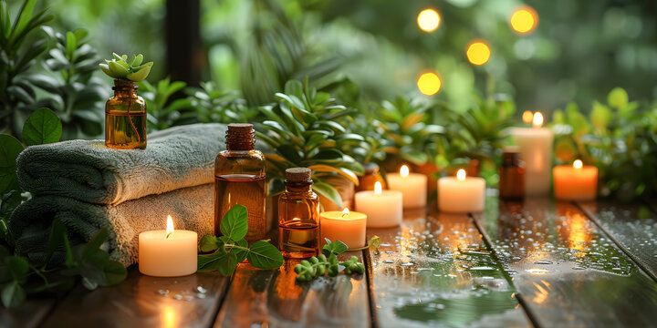 imagen de spa con toallas naturaleza con velas arom&aacute;ticas y aceites esenciales y plantas de romero 