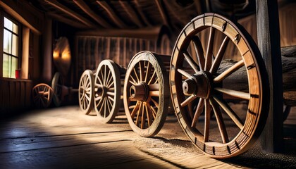 Obraz premium Vintage Wooden Wheels: Rustic Chic Decor - Rustic charm meets modern . This showcases vintage wooden wheels arranged in a stylish display, symbolizing history, craftsmanship, rustic elegance