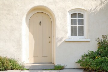 Fototapeta premium The entrance exudes charm with its elegantly designed light-colored arched door paired with a lovely small window showcasing a picturesque landscape filled with vibrant greenery