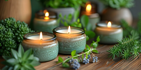 velas aromáticas sobre una mesa con plantas  © Angelica