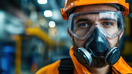 Workplace safety trainer showing proper use of respirators in a hazardous environment, ultra-detailed textures