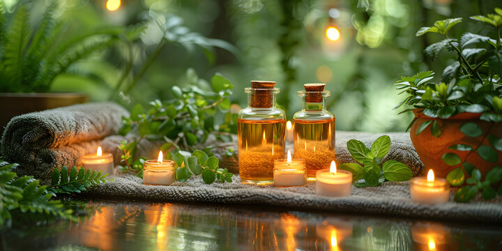 fondo de naturaleza con velas de spa con aceites y plantas 