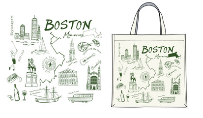 Boston New York travel vector art, American vacation destination artwork for t shirt, tote bag, poster, graphic print, Boston historical landmark hand drawn vector art