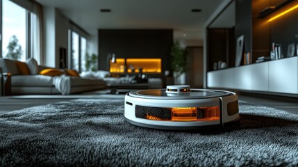 Smart robotic vacuum cleaning a plush rug in a modern living room