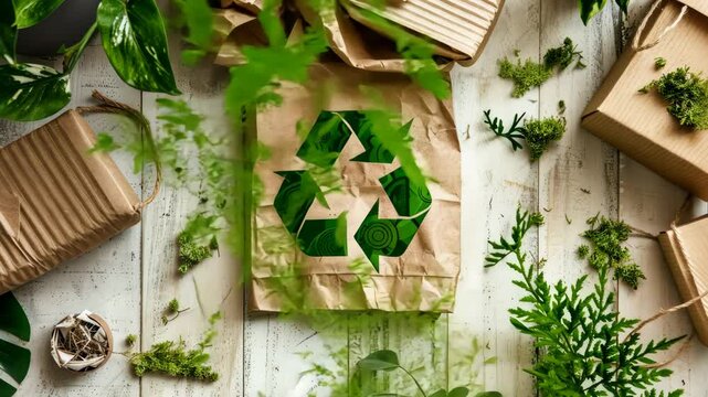 Demonstrating eco-friendly packaging techniques with plants and recycled materials in a vibrant, natural environment