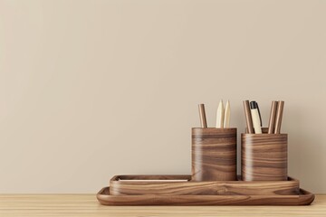 Obraz premium Minimalist Wooden Office Organizers on Neutral Desk for Modern Workspace Design