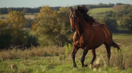 Obraz premium Horse galloping through lush green fields and trees.
