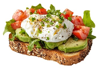 A fresh avocado toast with poached egg, isolated on white background