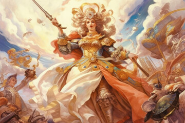 a majestic woman in luxurious armor, holding a sword in one hand and a scepter in the other.  