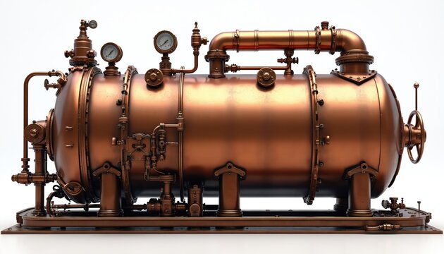 Copper boiler, industrial metal equipment with pressure valve, pipe. Heat tank control, steam engineering tech, machinery in a vintage steampunk setting isolated on white background.