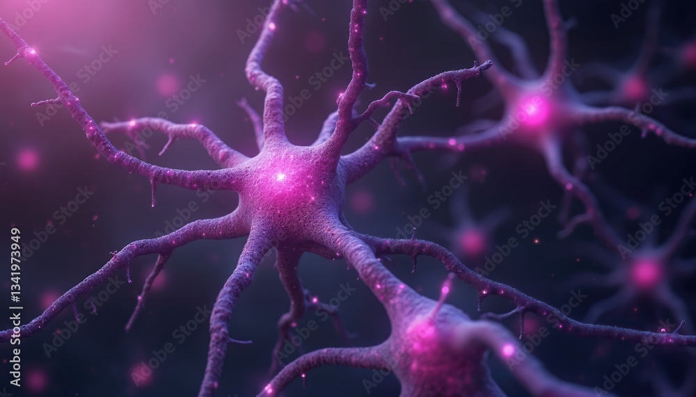 Poster Neural network with purple glowing connections. Digital brain impulses. Futuristic computer mind background. Artificial intelligence concept with neurons. Machine learning visualisation. Perfect for