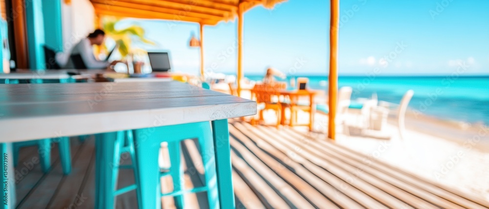 Poster hybrid workspace revolution vibrant beachside co-working sanctuary - immersive remote work experienc