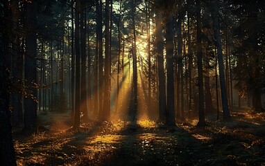 Naklejka premium Sunlight Through Dark Forest Trees - Golden Hour in Woods