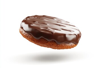 A delicious chocolate covered cookie resting in mid air freely