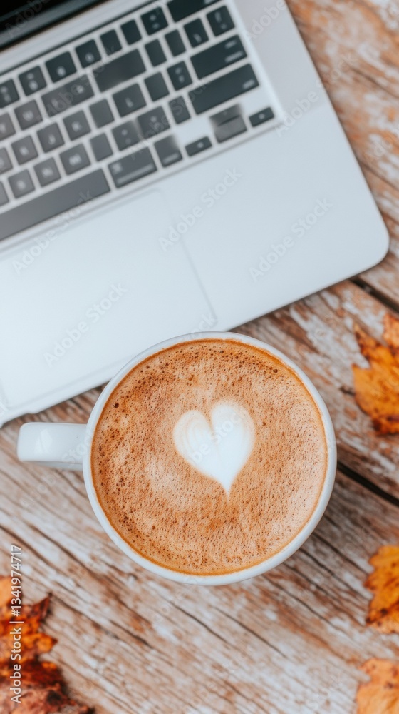 Poster aesthetic digital nomad workspace rustic autumn productivity with minimalist laptop and artisan latt
