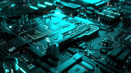 Futuristic turquoise processor in a high-tech digital world concept.