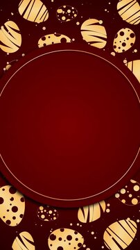Round frame for Easter Holiday with copy space for text, round badge with animated easter eggs with decorative ornament on red pale background. Looped. Vertical video.