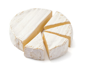 Pieces of tasty Camembert cheese on white background