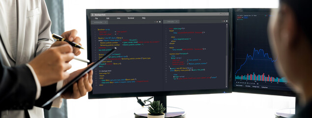 Software development programming on computer screen for brisk application and program coding