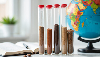 Test tubes with soil samples next to a world globe