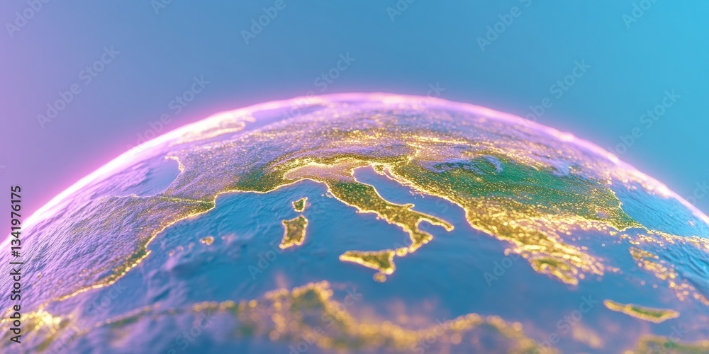 Poster Luminescent Global Connection Futuristic Earth Visualization Showcasing European Geospatial Intelligence and Holographic Digital Mapping Innovation