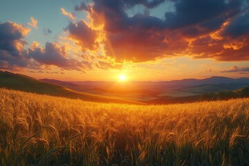 Fototapeta premium Golden Wheat Field Sunset Vibrant Landscape Photography