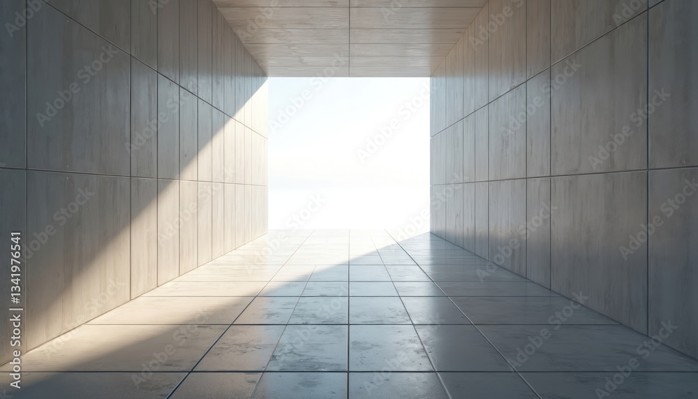 Aufkleber Rectangular corridor tiled with square concrete blocks. Light falls in end bright hole. Perspective view empty architecture, floor, wall, modern design, interior, hall, abstract space, construction,