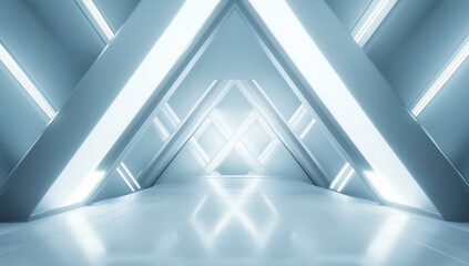 Obraz premium Futuristic Architectural Corridor: A stunning, symmetrical hallway with geometric design is illuminated by radiant, vibrant lights, providing a modern and futuristic look. 