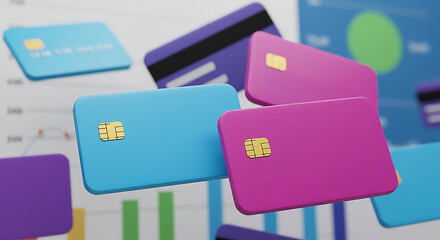 Glossy credit card icons in different colors with a bar graph