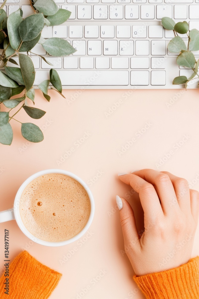 Aufkleber Minimalist Digital Workspace Cozy Gen Z Content Creation Aesthetic with Eucalyptus and Coffee - Inspiring Remote Work Productivity and Creative Flow