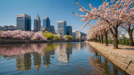 cherry blossom trees along a serene river with city skyline