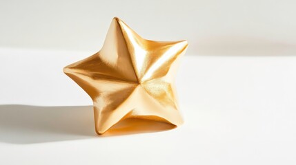 A shiny, metallic gold star isolated on a white background. Ideal for representing achievement, success, quality, or ratings