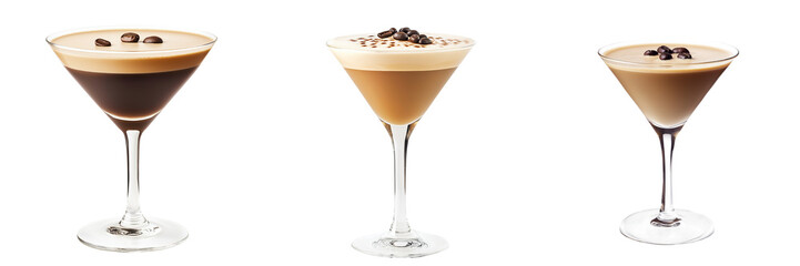A creamy espresso martini served in a chilled glass, with a smooth foam layer and a few coffee beans floating on top, isolated on a transparent background