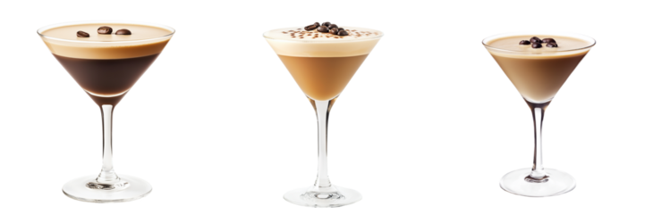 A creamy espresso martini served in a chilled glass, with a smooth foam layer and a few coffee beans floating on top, isolated on a transparent background