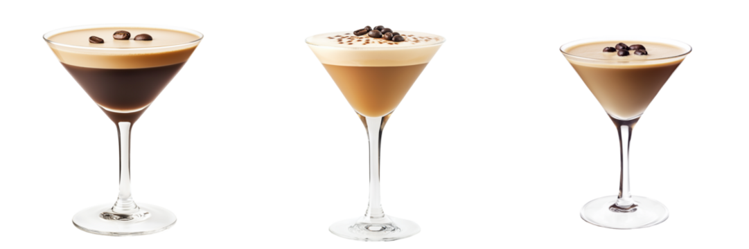 A creamy espresso martini served in a chilled glass, with a smooth foam layer and a few coffee beans floating on top, isolated on a transparent background